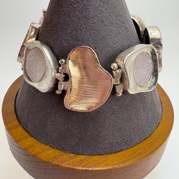 VTG Two Tone Sterling Silver 925 Slab Druzy Abstract Chain Bracelet 7.5" Length - Picture 3 of 16